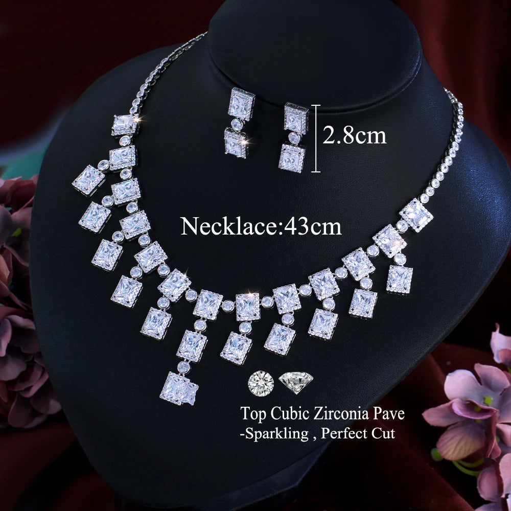 High Quality Luxury Necklace and Earrings Brass Square Cubic Zirconia White Tassel Jewelry Set for Women Wedding Bridal Jewelry