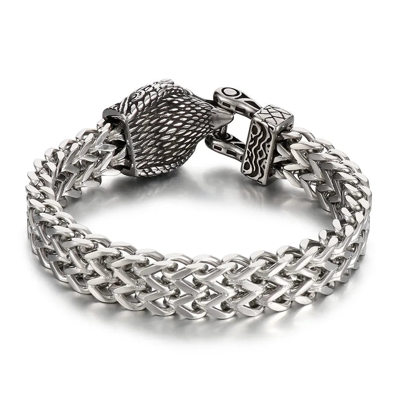 KALEN 220mm Men Punk Stainless Steel Snake/Eagle/Wolf Head Clasp Links Bracelet