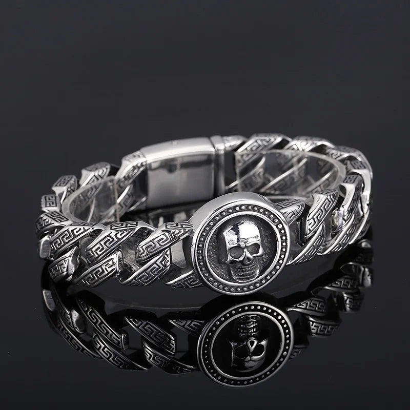 VIKING Mens Punk Skull Pattern Link Bracelet – Silver Stainless Steel