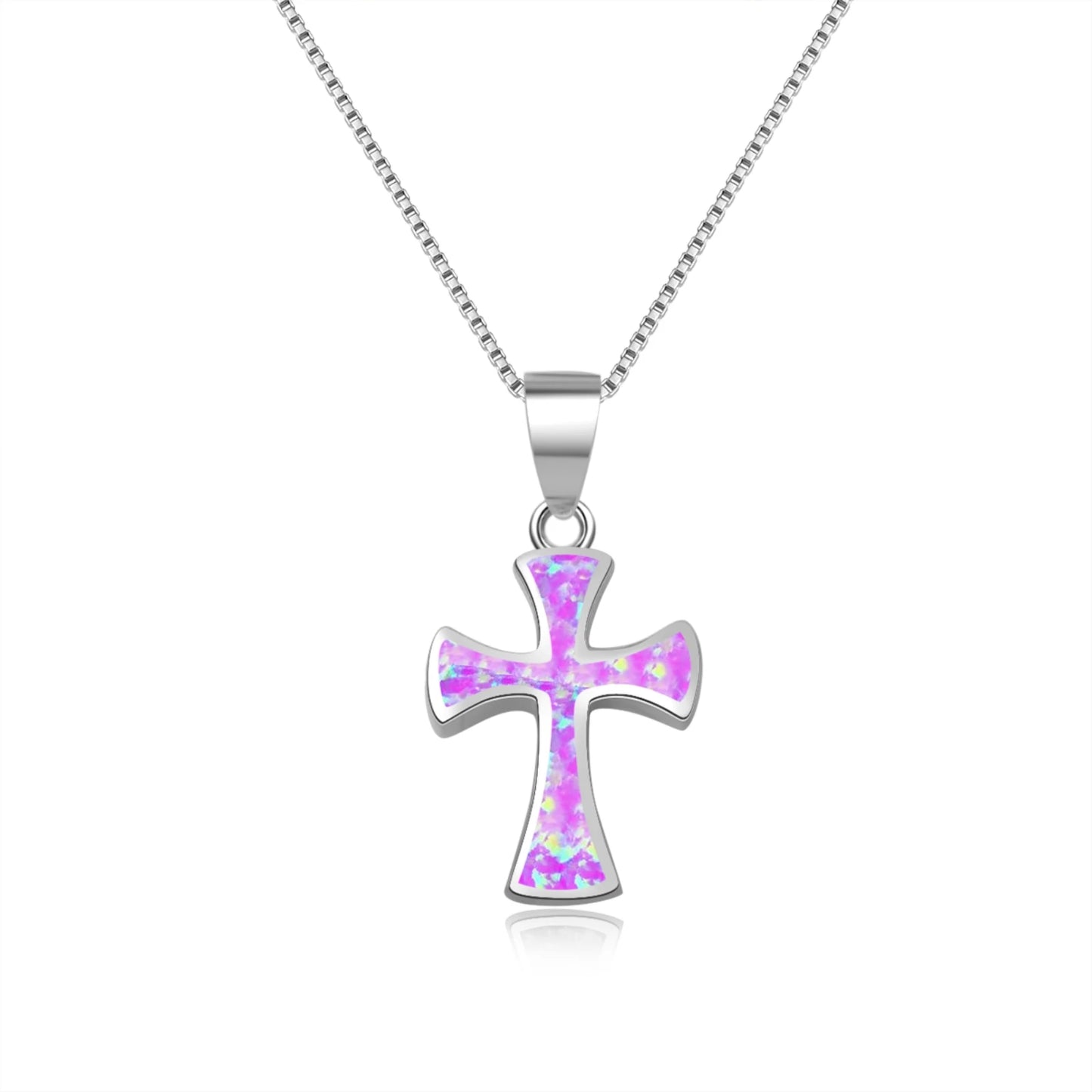 Dainty Opal Cross Necklace - Handcrafted Silver Plated Religious Jewelry Bulk for Ladies