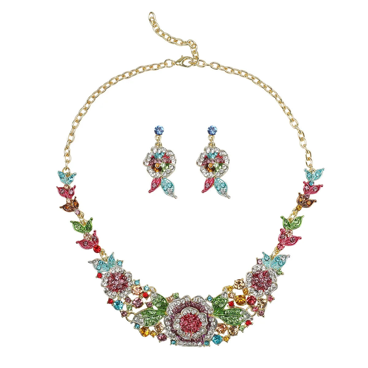 Exaggerated Rose Crystal Necklace & Earrings Set | Bridal Dinner Occasion Jewellery | Red, Blue & Coloured