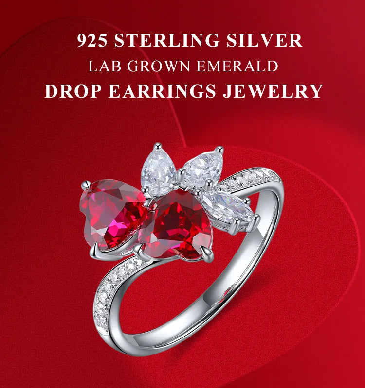 Gemfiori New Romantic Rhodium Plated Lab Grown Ruby Heart Rings 925 Sterling Silver Anniversary Wedding Gift for Women