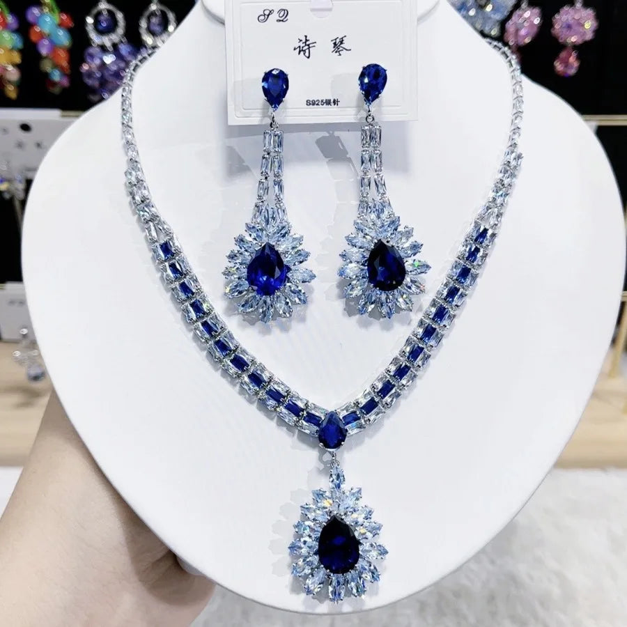 K057 Top Quality Trendy Luxury Classic Water Drop Blue Zircon Necklace Earrings Set Elegant Women's Jewelry Set
