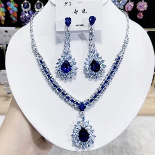 K057 Top Quality Trendy Luxury Classic Water Drop Blue Zircon Necklace Earrings Set Elegant Women's Jewelry Set
