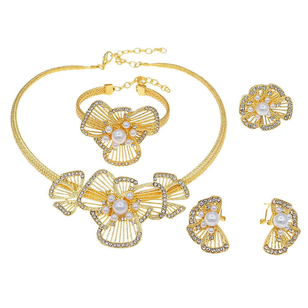 Zhuerrui  Women's Luxury Gold Plated Flower Jewelry Set Nigeria Cocktail Party Pearl Jewelry Sets Bridal Wedding Set X0004330