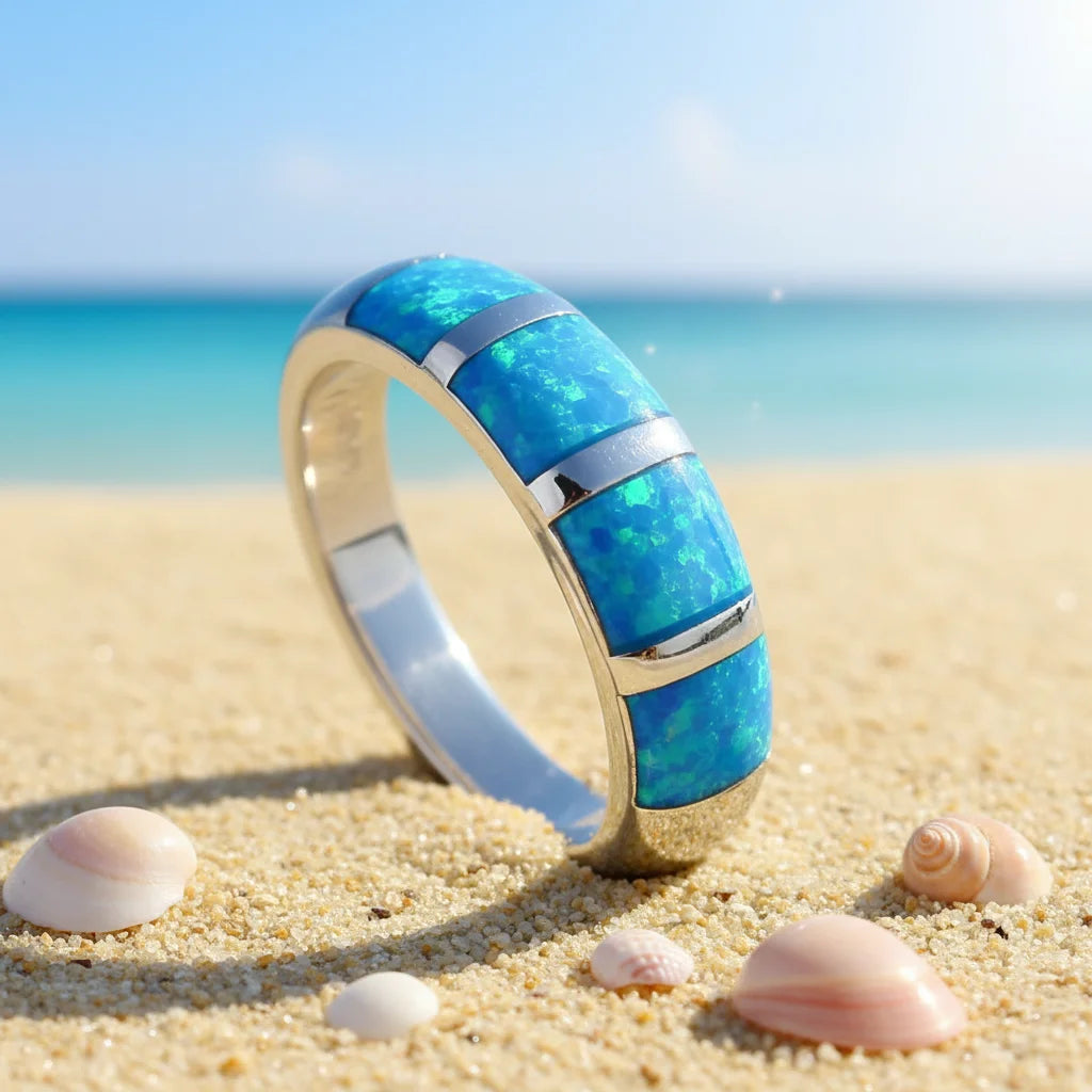 Geometric Overlay Opal Open Ring | Blue/Iridescent Gem Inlay  Band | Nature-Themed Fashion Jewelry for Women