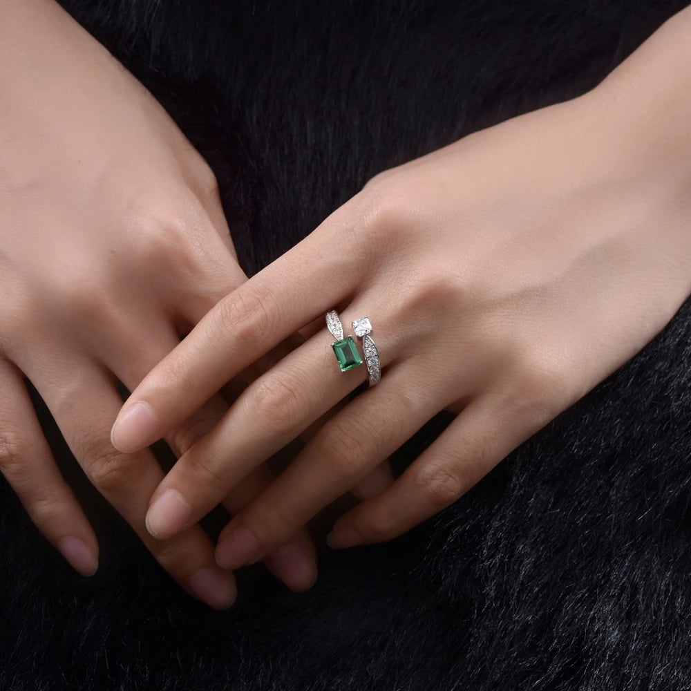 MuShan Jewelry Factory New 1ct Lab Grown Emerald 5*7 High Carbon Gemstones Ring European and American Fashionable Open Ring
