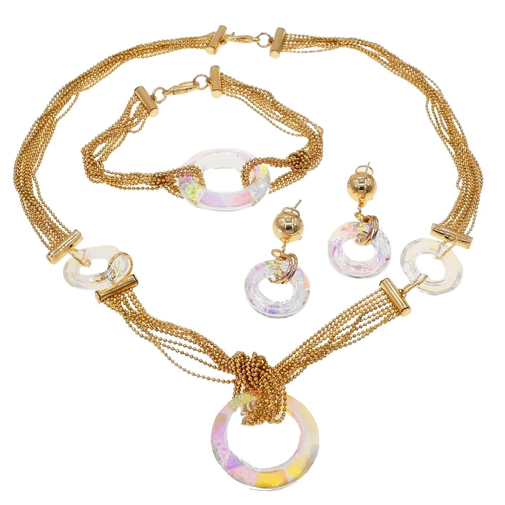 Zhuerrui Dubai Crystal Color Changing Jewelry Set Necklace Bracelet Earrings Ring Four Piece Jewelry Sets Women Wedding Party