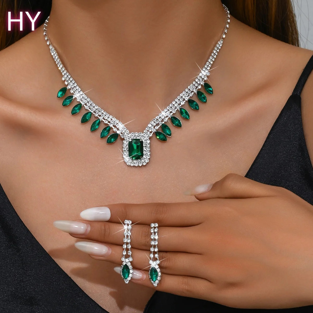 HY  Dinner Dress Crystal Rhinestone Jewelry Set Black Royal Blue Crystal Gemstone Drop Earrings Necklace Set for Women