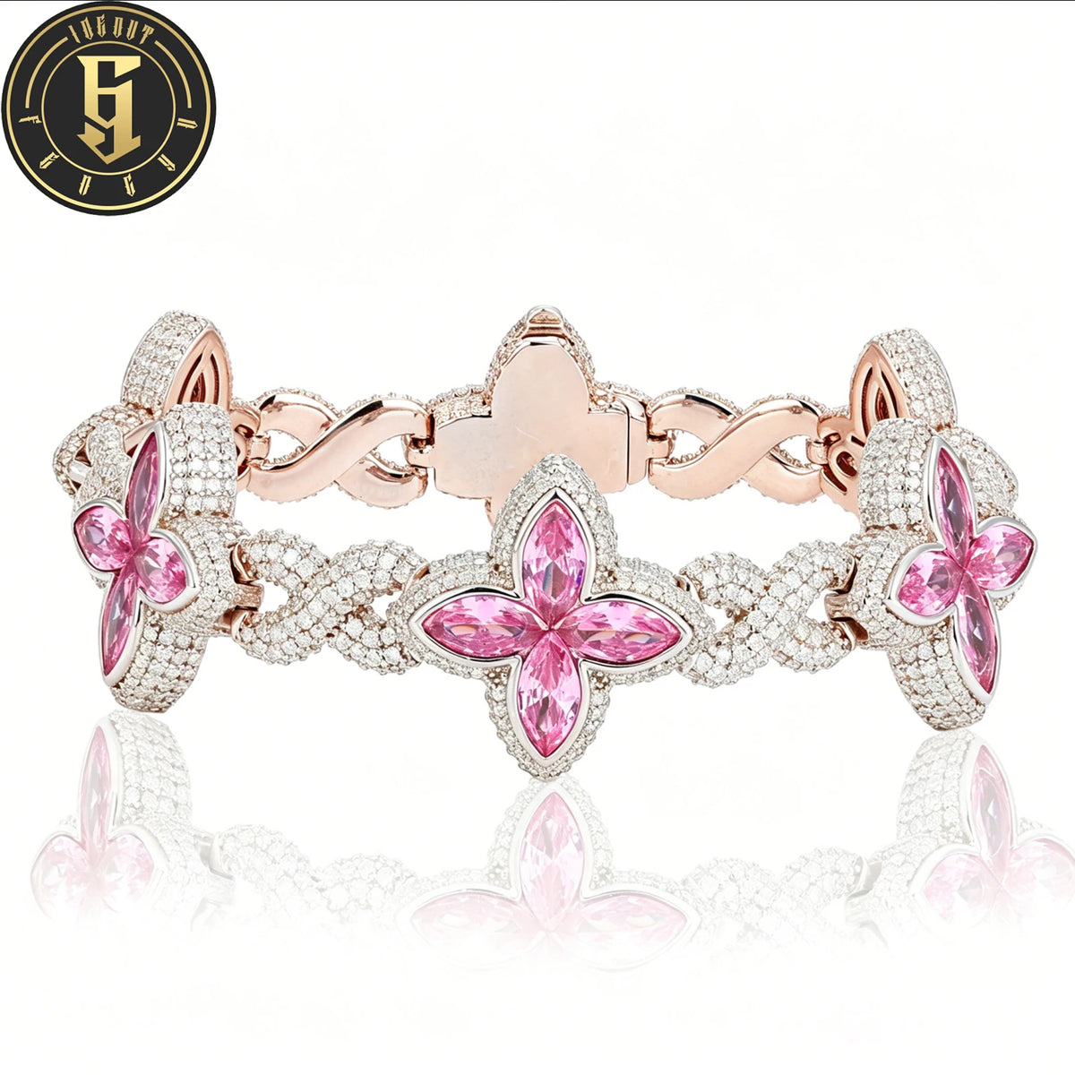 S&S Iced Out Hip Hop Jewelry 21mm Diamond Flower Chain Gold Plated Four Leaf Clover Bracelet CZ Fashion Gift for Anniversary Party