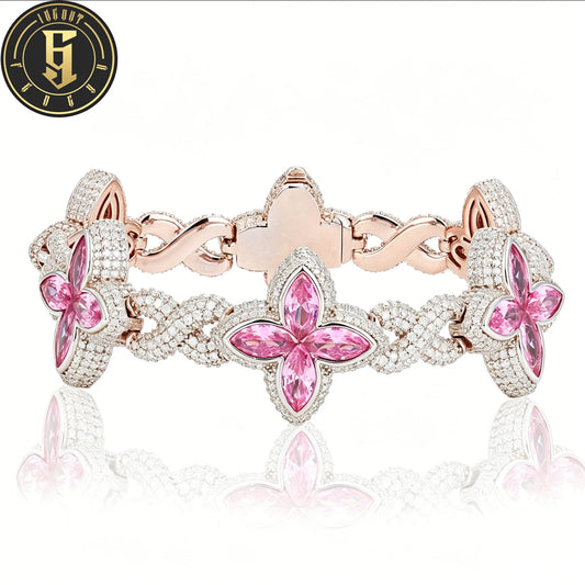 S&S Iced Out Hip Hop Jewelry 21mm Diamond Flower Chain Gold Plated Four Leaf Clover Bracelet CZ Fashion Gift for Anniversary Party