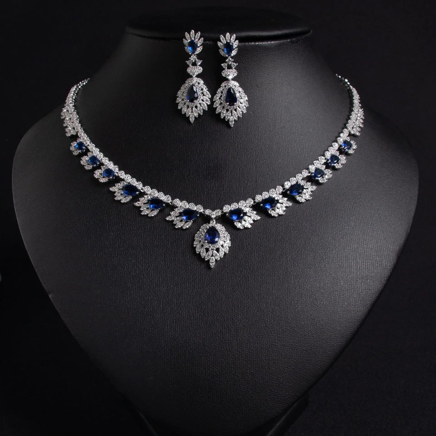 Luxury Pear-Cut Zirconia Floral Necklace & Earrings Bridal Set — Rhodium Plated