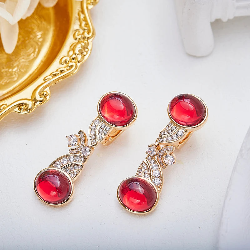 Brass Ruby Necklace Earring Rose Gold Set Anti Allergy High Quality Chain Gorgeous Women's Evening Dress Jewelry