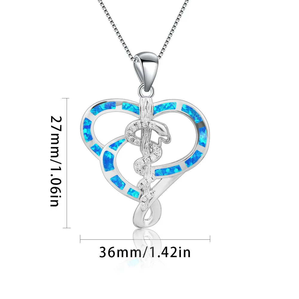 European American Trendy Blue Opal Snake Necklace for Women Hawaiian Style Heart Design Oversized Sweater Chain