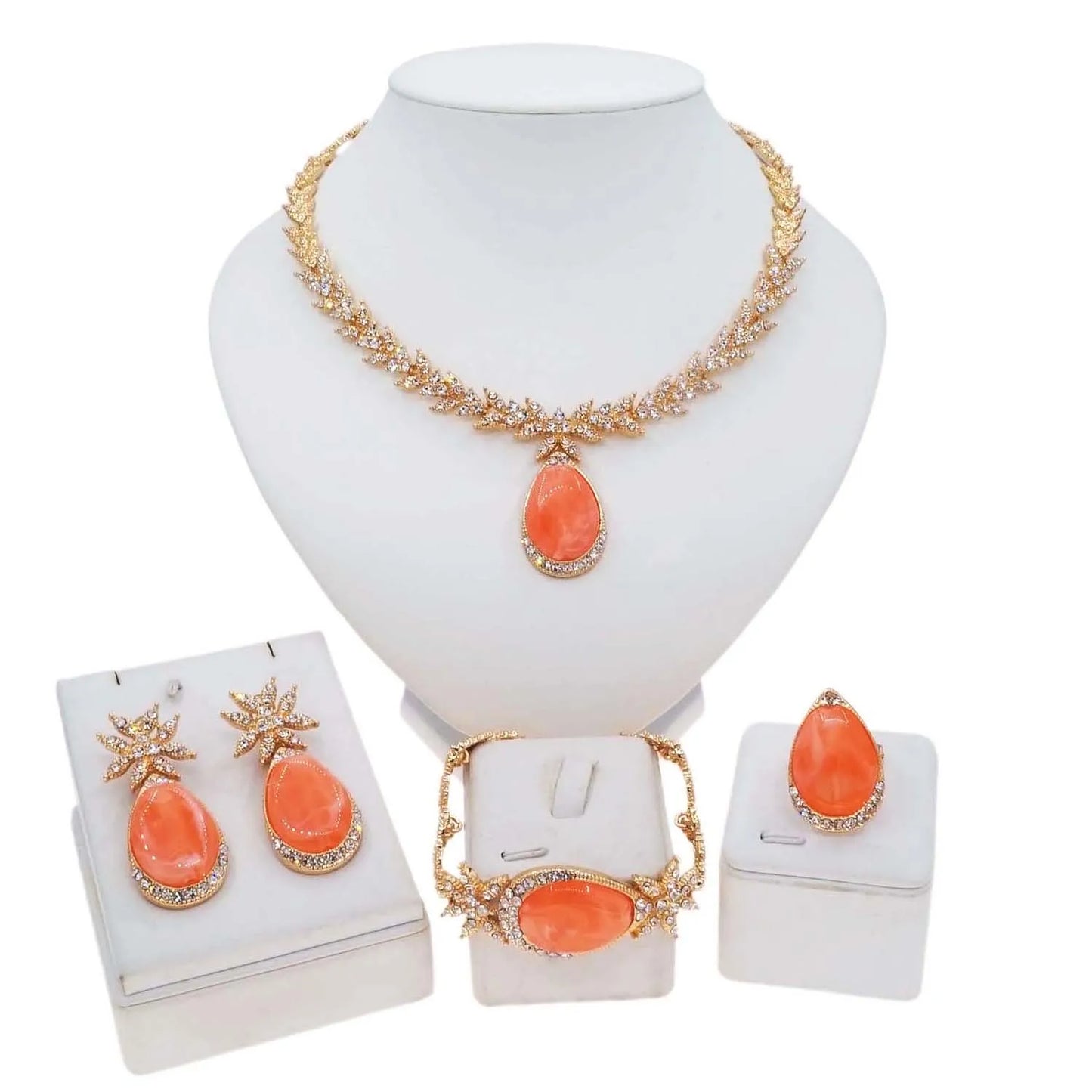 Zhuerrui Hot Selling Gold Jewelry Sets Silver Diamond Orange Drop Necklace Jewelry Set Simple Bridal Costume Pendant HC23229