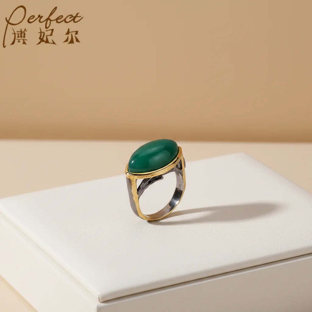 Wholesale Handmade Green Agate 925 Sterling Silver Jewelry Ring