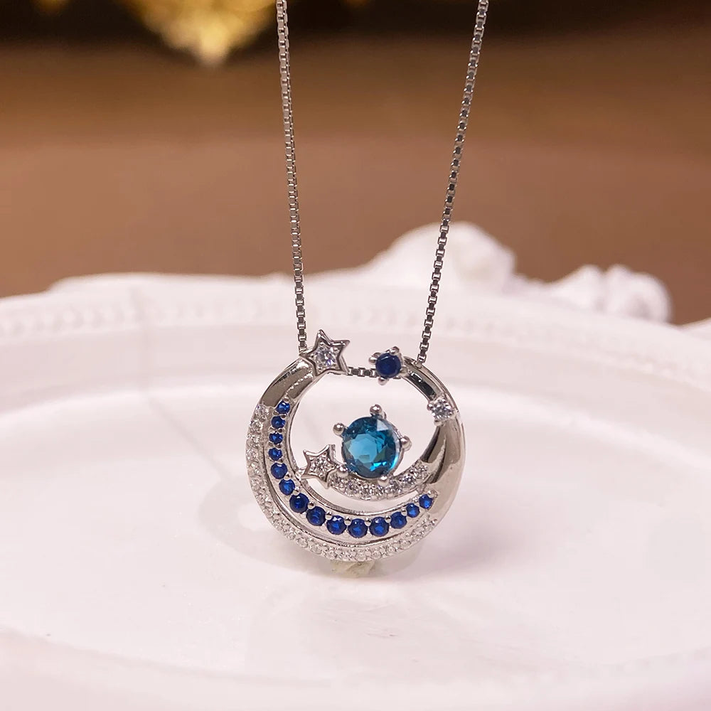 Gioiellieri Luxury Natural Sky Blue Crystal Necklace Round Fireworks Cut S925 Sterling Silver Gold Plated Rhodium Plated Charm Pendant Gift