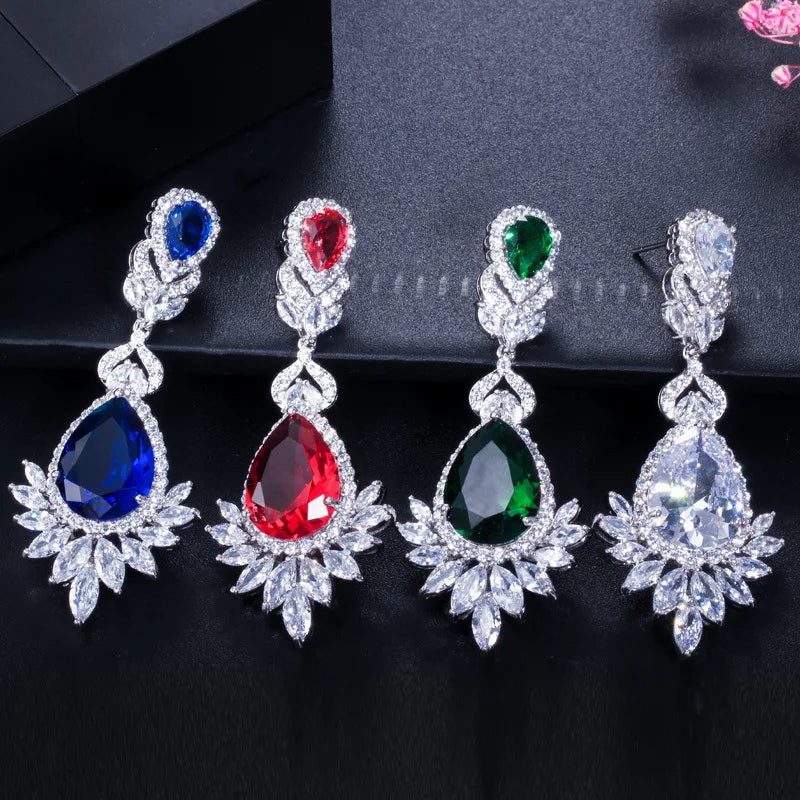 XOTICA Bridal Jewelry Zirconia Oval Cut Claw Setting Drop Earrings Platinum Plated Alloy Geometric Trendy for Women Wedding Gift
