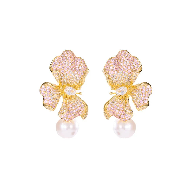 Hot Sale Micro-Inlaid Zircon Flower Earrings Pearl Drop Earrings Elegant Luxury Studs Earrings Women Jewelry Gift