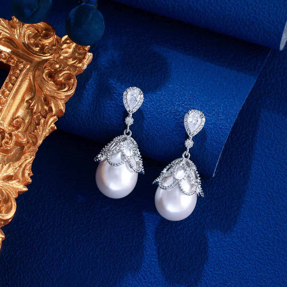 S&S CZ & Pearl Geometric Dangle Drop Earrings – Rhodium Silver Plated – Collection