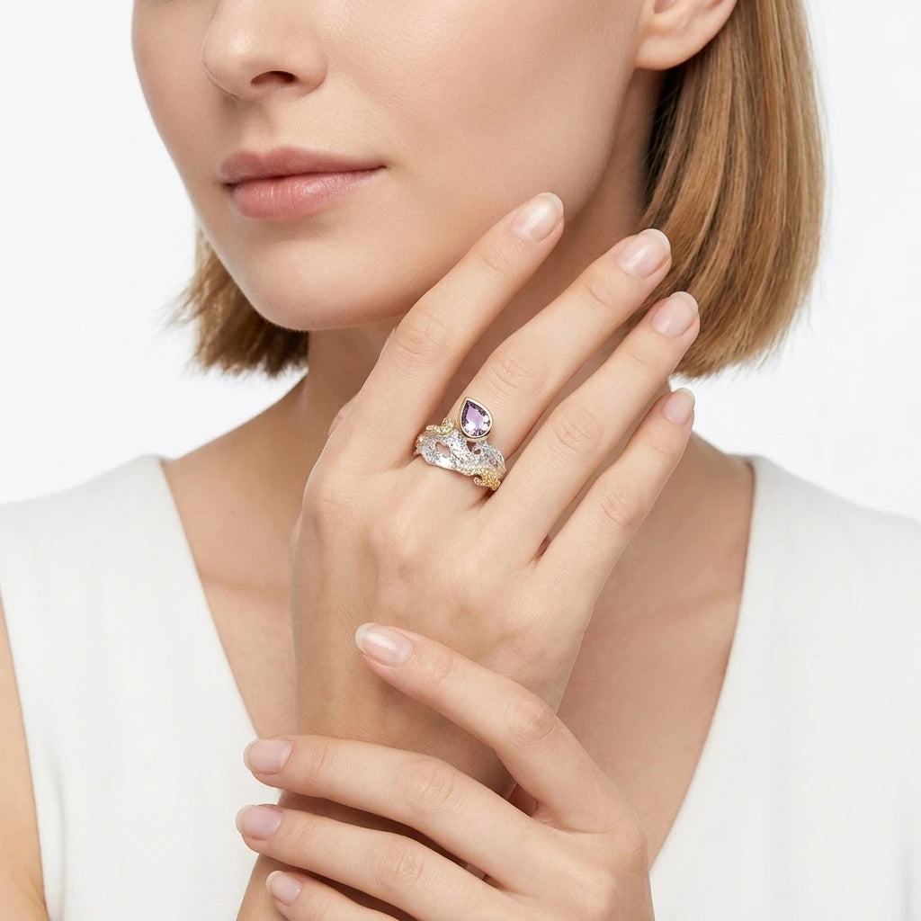 Retro Handmade Amethyst Natural Stone 925 Sterling Silver Ring