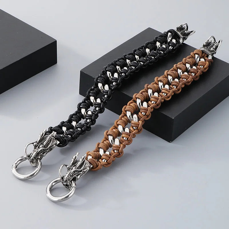 KALEN Punk Fine Jewelry Fashion Bracelets Men Stainless Steel Micro Fiber Leather Skull Links Bracelet Bangle