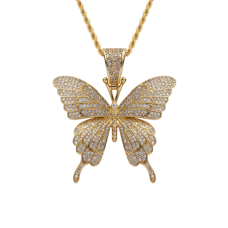S&S Iced Out CZ Butterfly Pendant Necklace | Gold & Silver | Hip-Hop Jewellery