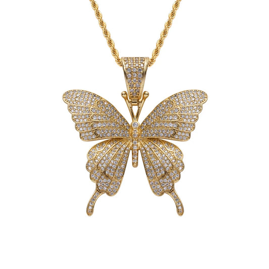 S&S Iced Out CZ Butterfly Pendant Necklace | Gold & Silver | Hip-Hop Jewellery