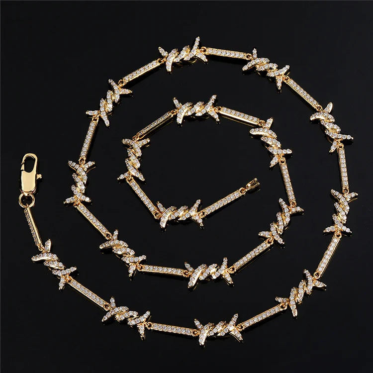 BiG-BOSS New Unisex Punk Luxury Thorns Design Hip Hop Copper Jewelry Full Zircon Barbed Wire Necklace Thorn Necklace