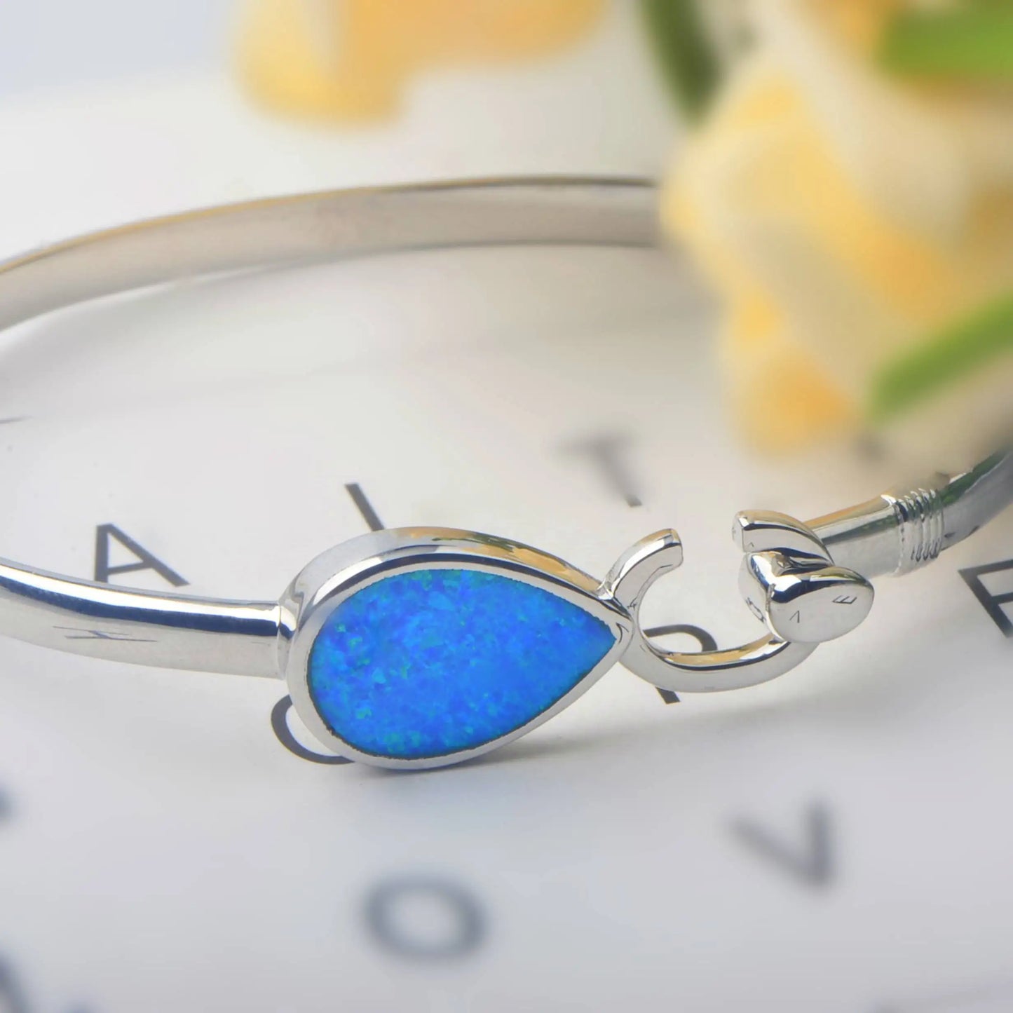 Shimmering Blue Opal Teardrop Bracelet - Minimalist Silver Jewelry for Daily Chic
