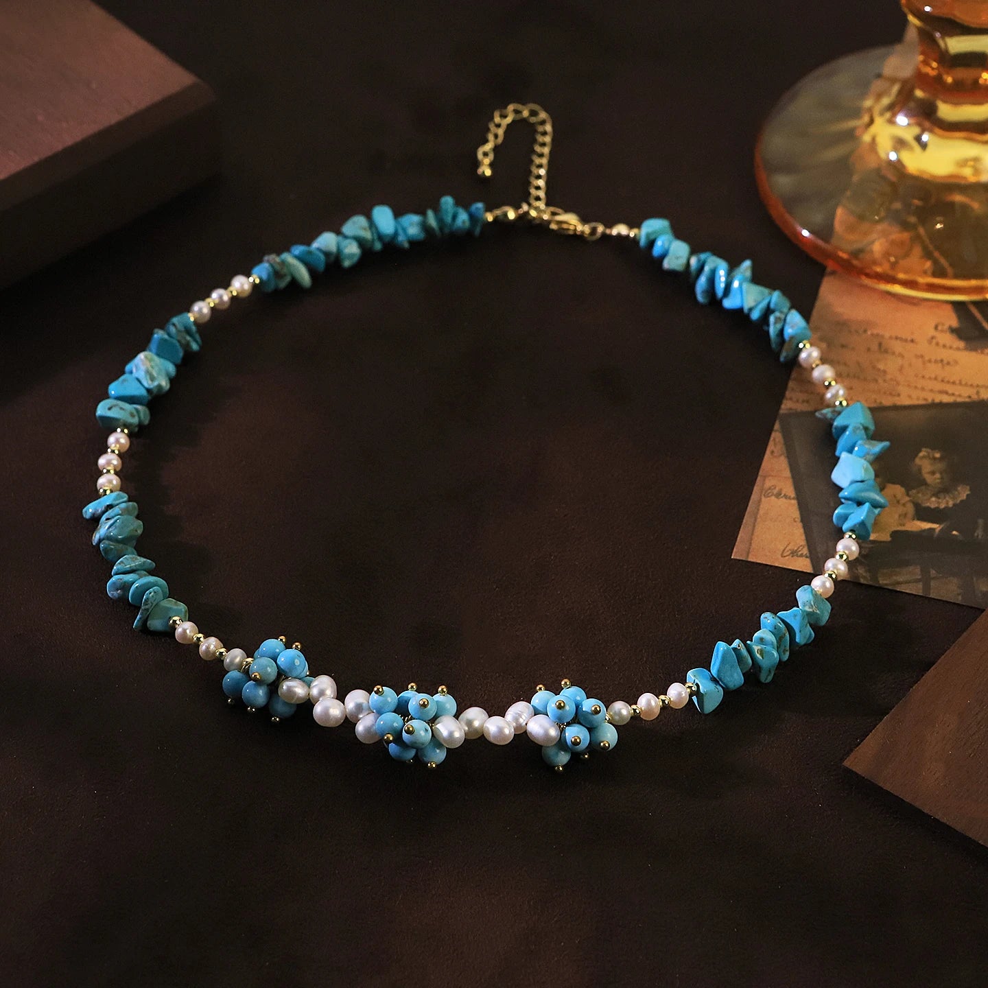 Natural Turquoise Freshwater Pearl Beaded Choker Necklace for Women Daily Wear Beach Vacation Pearl Necklace Bohemian Jewelry