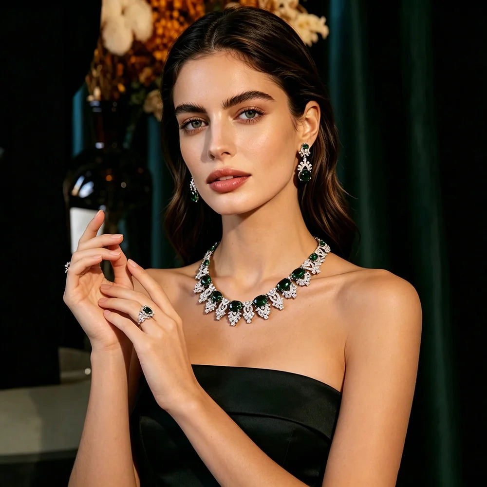 XM S309 Emerald Green & White Zircon Floral Statement Necklace & Drop Earrings Set