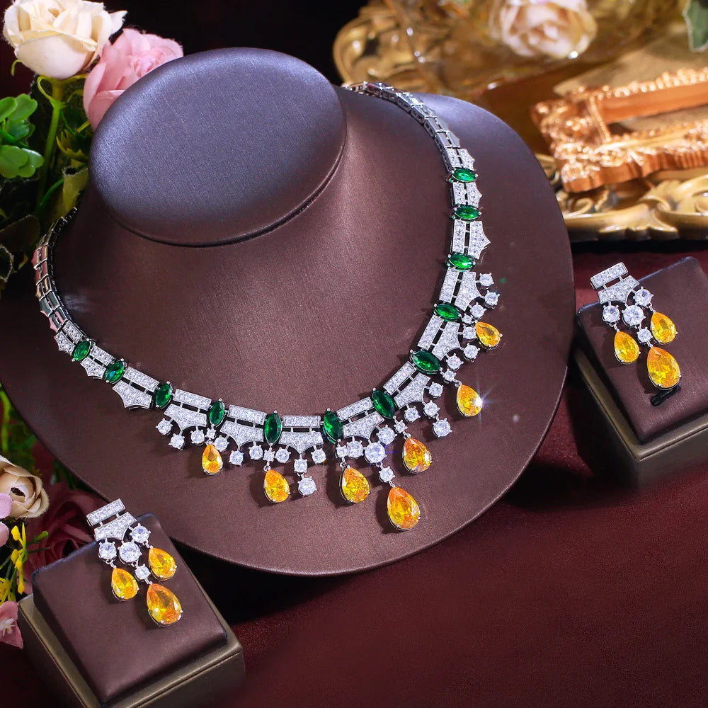 Glamorous Yellow Cubic Zirconia Dangle Water Drop Wedding Party Bridal Necklace Pageant Jewelry Sets for Women