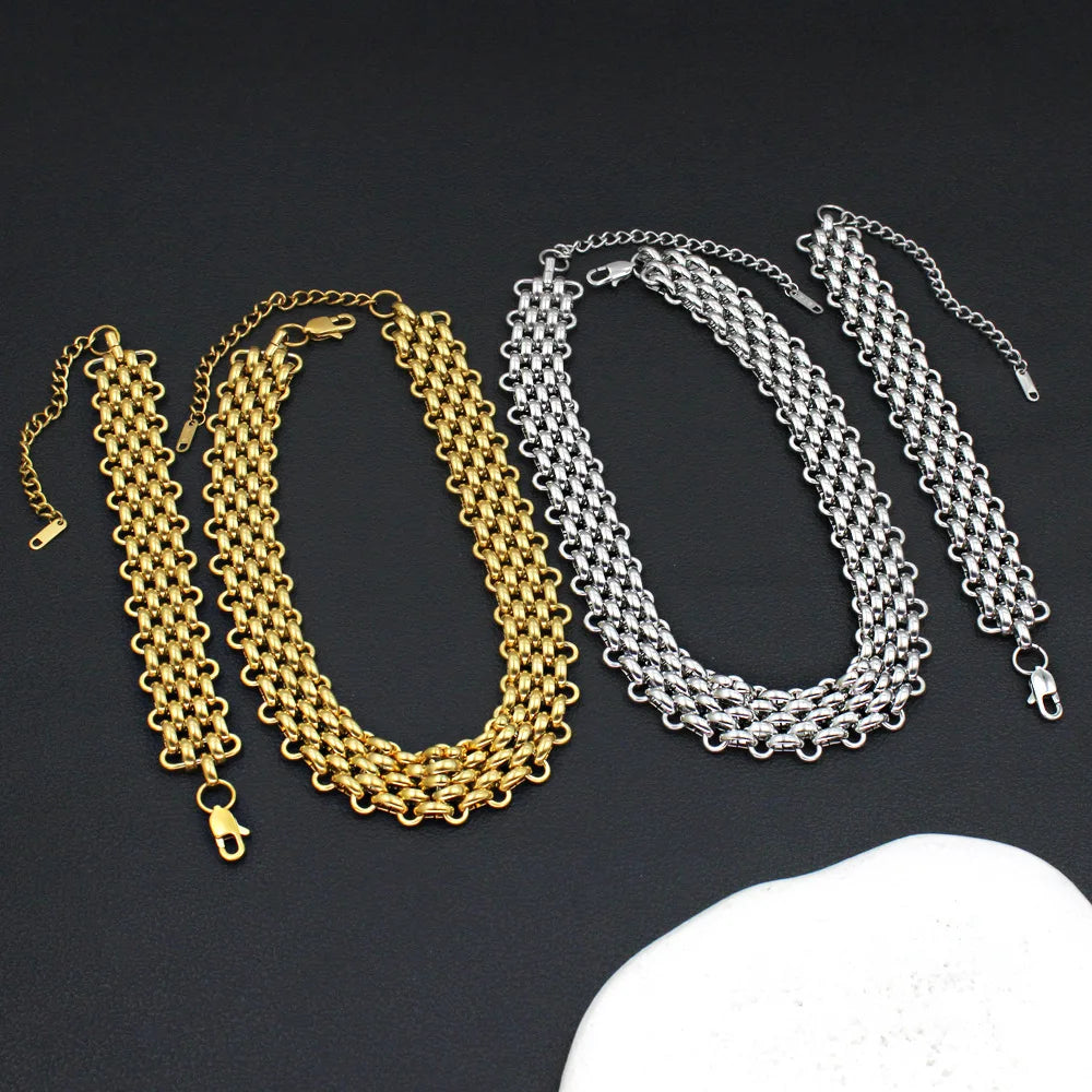 REBEL Hip Hop Fashion Jewelry Sets 18K Gold Stainless Steel Multilayer Woven Wide Chain Necklace and Bracelet Jewelry Sets for Women