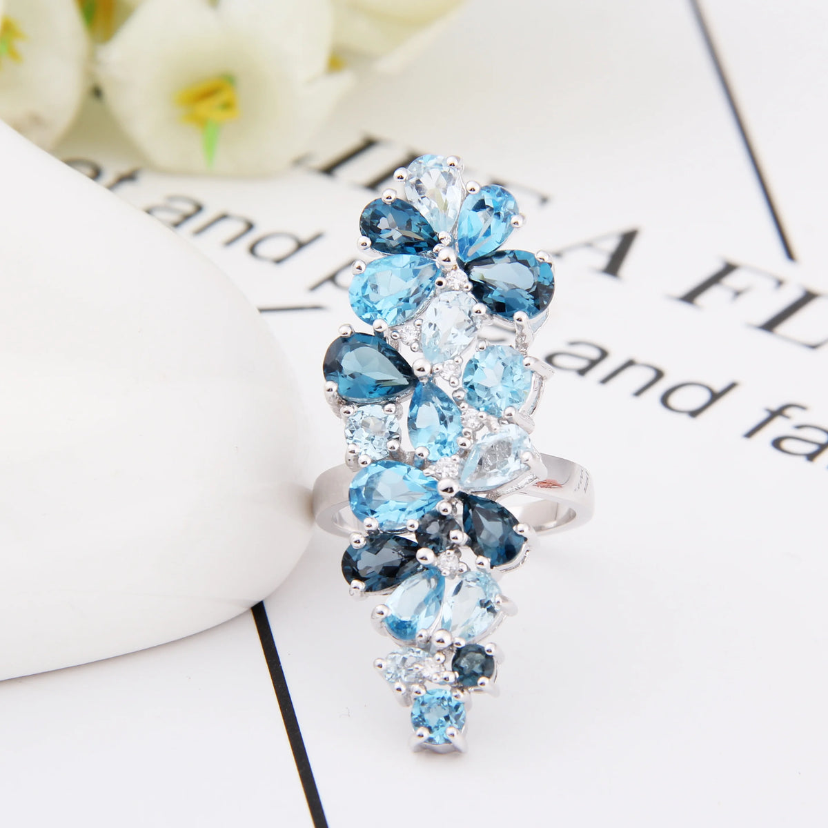 ArtistA Abiding Fine Jewelry High End Luxury Cluster Sky Blue Topaz 925 Sterling Silver 3 PCS Flower Jewelry Set for Women