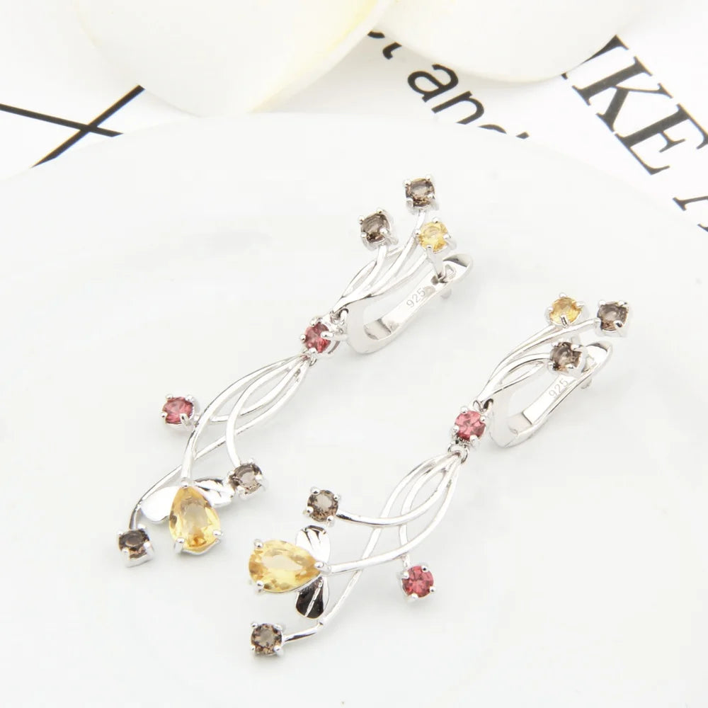 ArtistA Abiding Exquisite Ins Temperament Flower Cluster Mixing Gemstone Necklaces Ring Dangle-Drop Earrings Set Bridal Jewellery Set