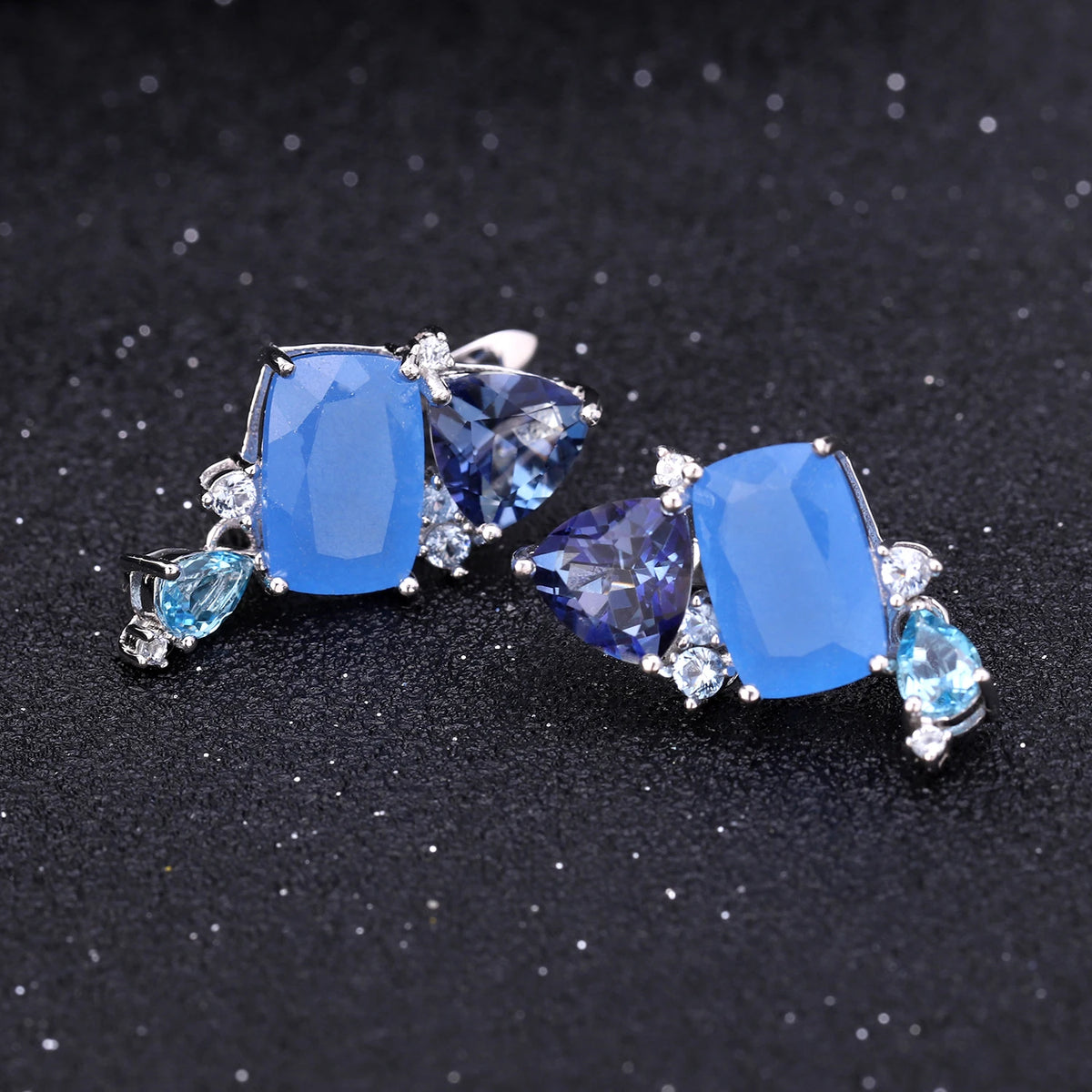 ArtistA Abiding OEM Custom Women Jewelry Natural Gemstone 925 Sterling Silver Aqua-Blue Chalcedony Blue Topaz Quartz Ring Earrings Set