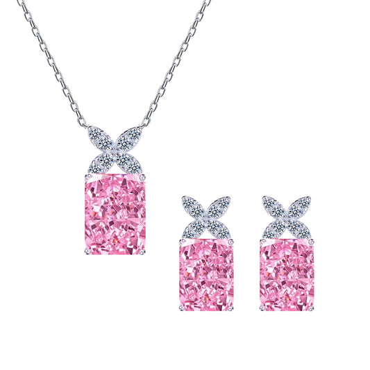 Genuine S925 Sterling Silver Crushed Ice Stone Cubic Zirconia Pink Pendant Set Necklace and Earring Set for Women Party Jewelry