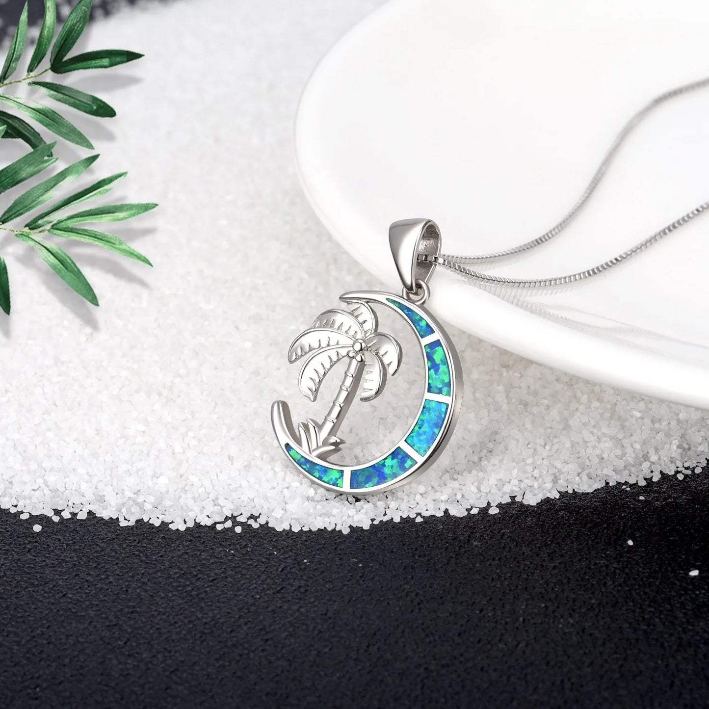 Aobao Christian Plant Hawaii Ocean Blue Moon Coconut Tree Pendant Palm Tree Opal Sweater Chain Link Chain Copper Necklace