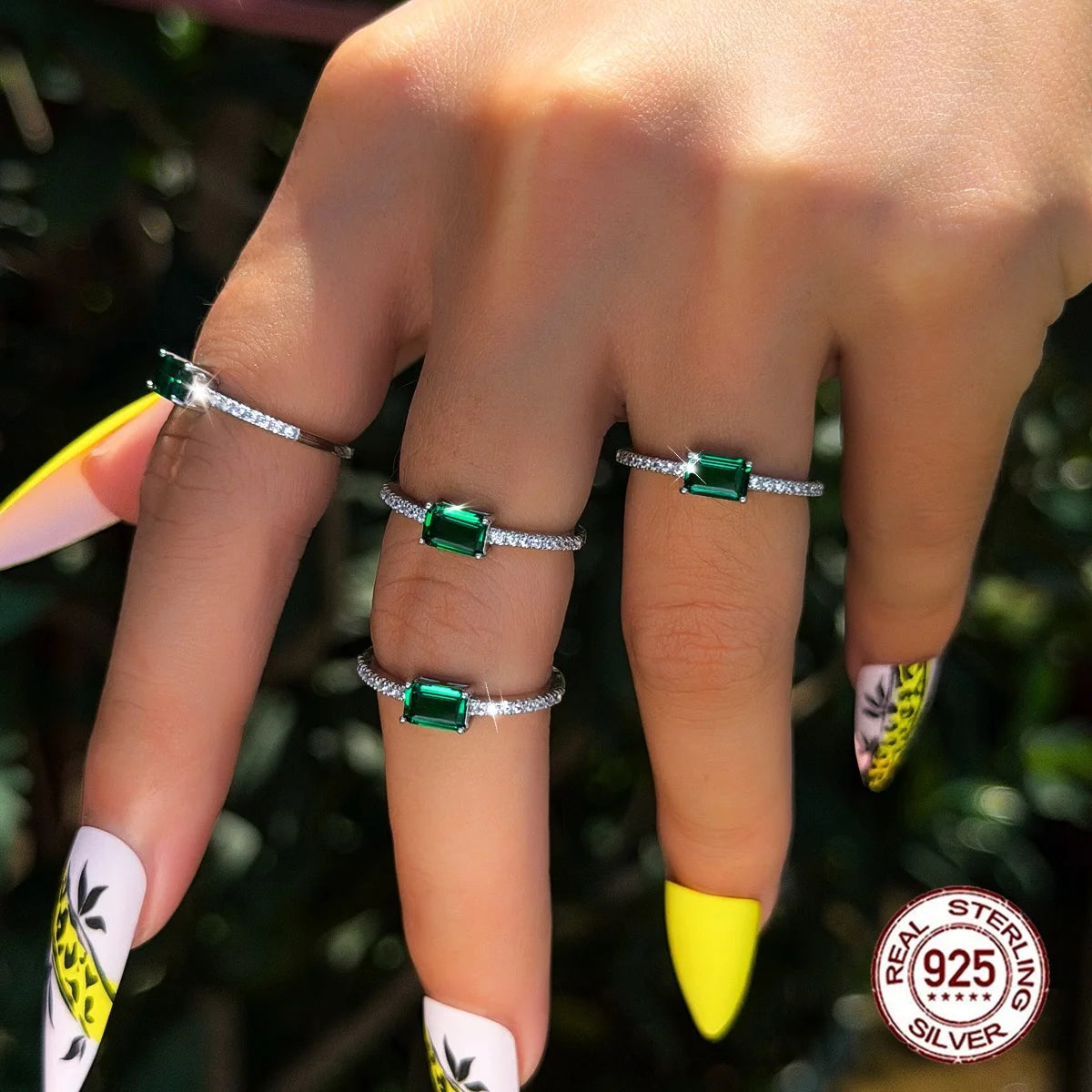 S&S 925 Sterling Silver Green Emerald-Cut CZ Solitaire Ring – Sizes 6–9 – Collection