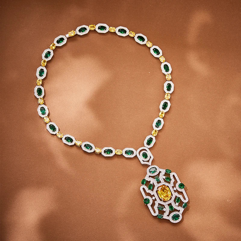 Factory Wholesale Brass Material Inlaid with Zircon Green Women's Jewelry Set  Classic Necklace Wedding Party
