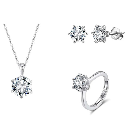 RINNTIN LZE07 SLZN23 LZR36 Classic Six-Claw Setting 8A Shinny Cubic Zirconia Necklace Ring Earring 925 Silver Jewelry Set