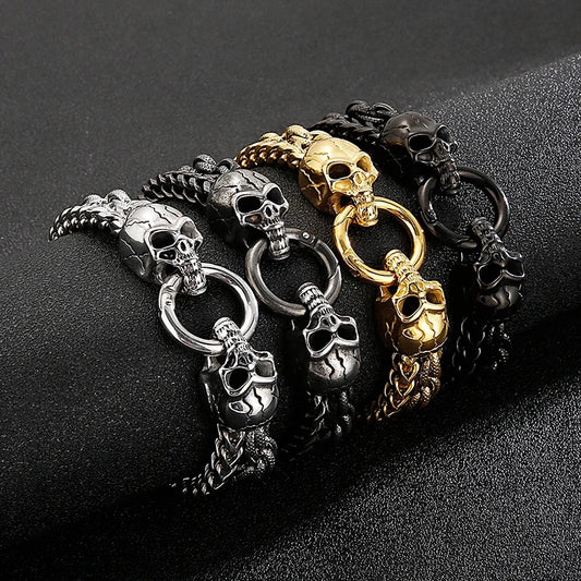 KALEN Punk Double Woven Chain 18K Gold Plating Skeleton Skull Head Men Stainless Steel Jewelry Bracelets