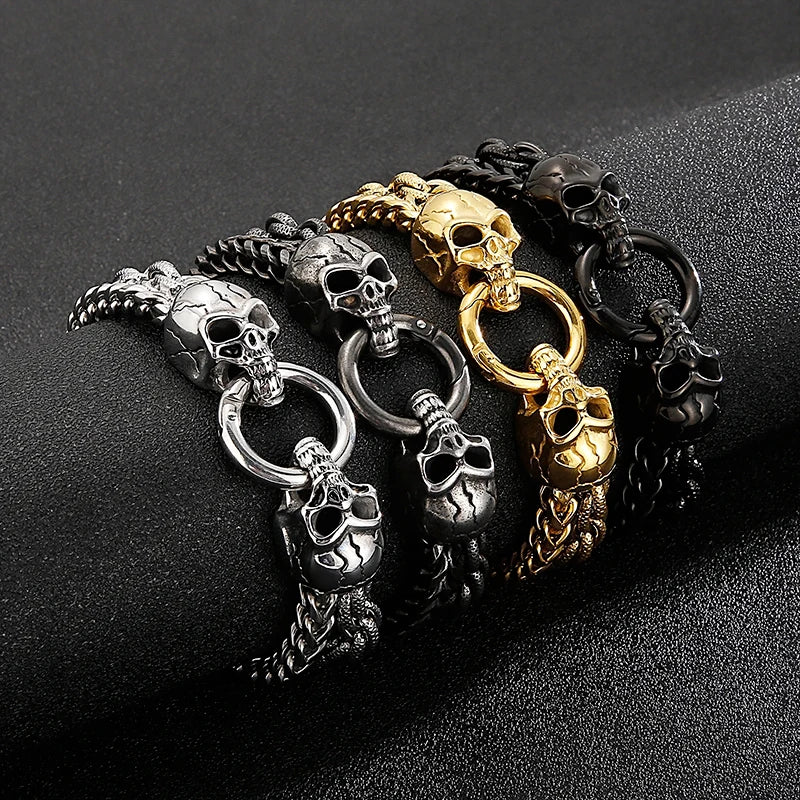 KALEN Punk Double Woven Chain 18K Gold Plating Skeleton Skull Head Men Stainless Steel Jewelry Bracelets