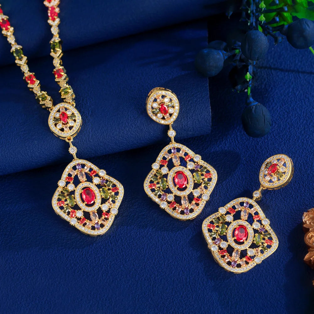 Elegant Multicolor Cubic Zircon Dubai Gold Plated Long Necklace and Earrings Party Wedding Bridal Jewelry Set for Women
