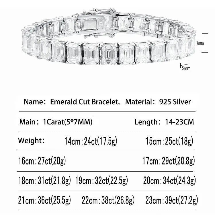 ArtistA 8 Premium 925 Silver 14-23cm Secure Clasp Timeless Luxury Jewelry Non Tarnish Emerald Cut 1ct VVS GRA Moissanite Tennis Bracelet