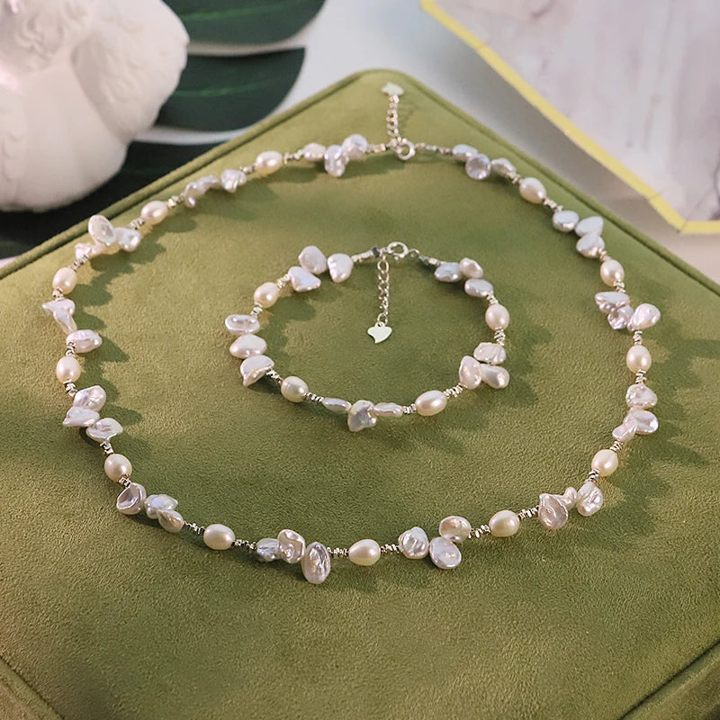 GLSEEVO Natural Freshwater Baroque Pearl Jewelry Set Irregular Pearl Necklace Bracelet  Gift for Date Bridal Fashion Jewelry