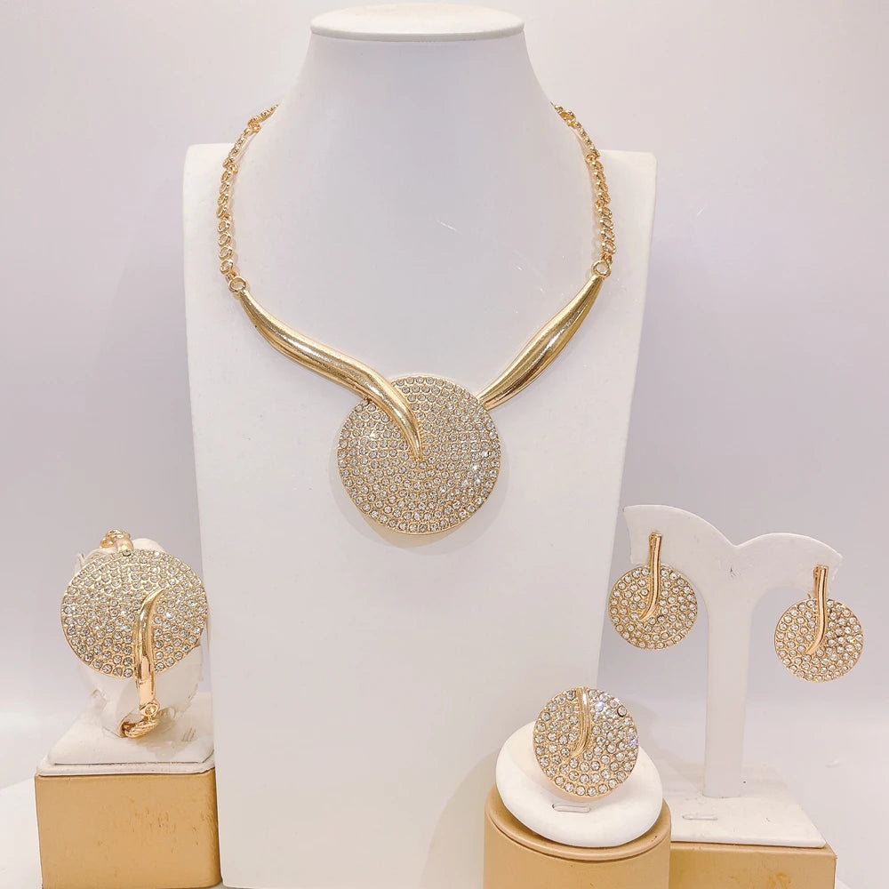 Zhuerrui Gold Plated Jewelry Set for Women Rhinestone Embellished Circular Necklace Earrings Bracelet Ring Party Gift HB01914