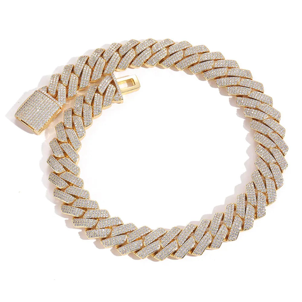 BiG-BOSS Men Hip Hop Jewelry 20mm 3 Rows Gold Chunky Necklace Iced Out Cz Prong Cuban Link Chain Necklace Diamond Cuban Chain