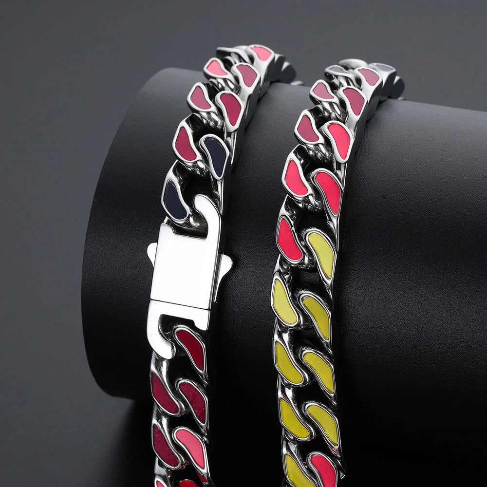 Hip Hop 12mm Colorful Oil Drop Stainless Steel Cuban Chain Niche Necklace Bracelet For Men